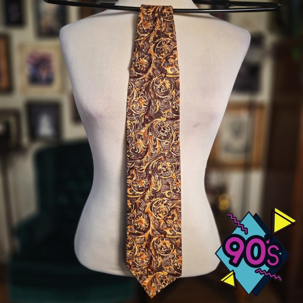 Structure Silk Tie Vintage 90s Brown Gold Floral Scroll Paisley Made in USA NOS